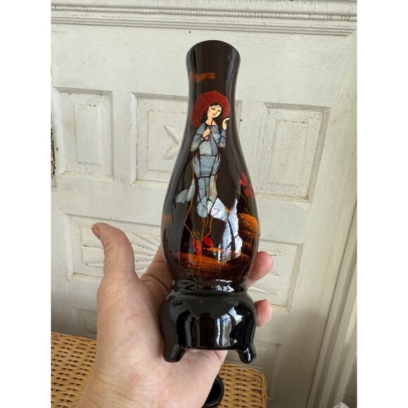 Vintage MCM Pair Lacquer wood footed Vases Inlaid Shell Geisha Girls - Picture 4 of 9